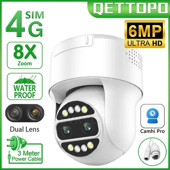 Qettopo 6MP 4G SIM-карта с Двумя Объективами PTZ WIFI Камера POE 8-КРАТНЫЙ Зум AI Отслеживание человека Безопасность CCTV IP-камера Наблюдения Camhi Pro