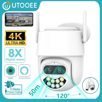 UTOOEE 4K 8MP Двухобъективная WiFi Камера видеонаблюдения с 8-кратным Оптическим Зумом AI Автоматическое Отслеживание 80M Полноцветная IP-камера Ночного Видения iCSee